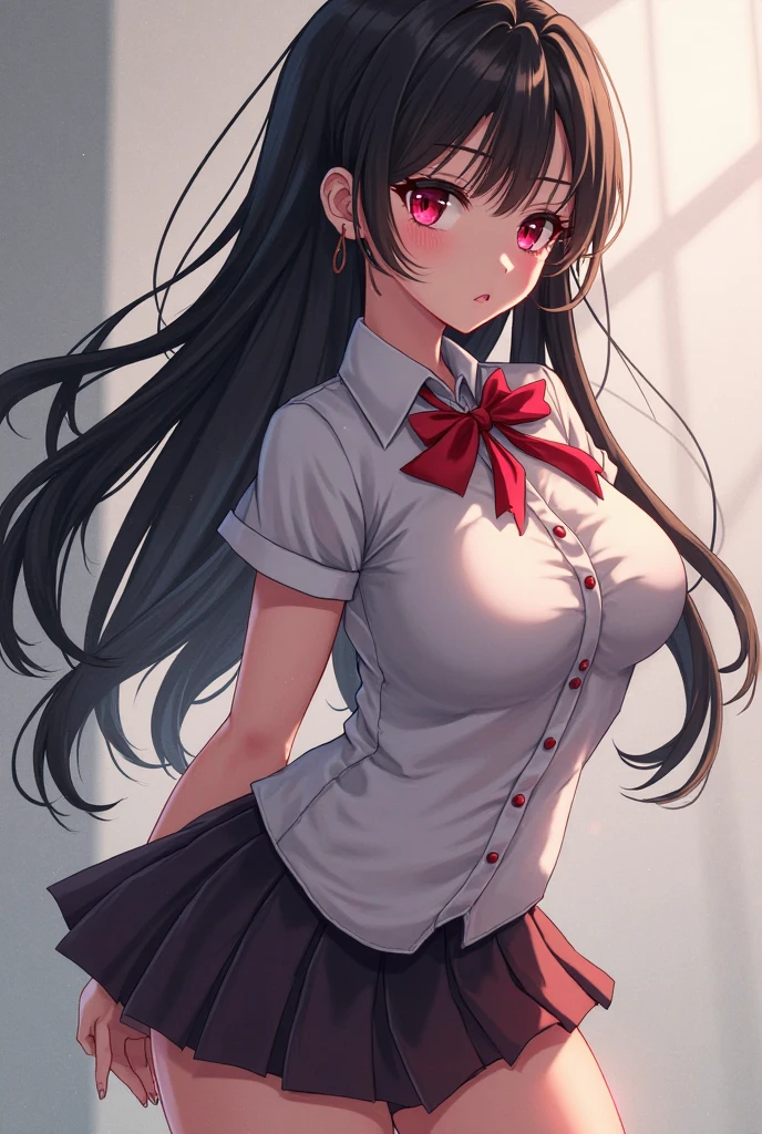 (highest quality:1.2, Anime artwork, Very detailed, High Detail, digital coloring, High Contrast, masterpiece:1.2, highest quality, Best aesthetics), (((kitagawa marin, 1 girl))), Black Hair, Straight long hair, Pink gradient hair, empty eyes, Earrings, White shirt, Black choker, Blue tie, Checked skirt, Pouting, slouch, Are standing, Cowboy Shot, bustling street, lift skirt myself,skirt lift,show panty,panty,lingerie,embrassing,lovestruck