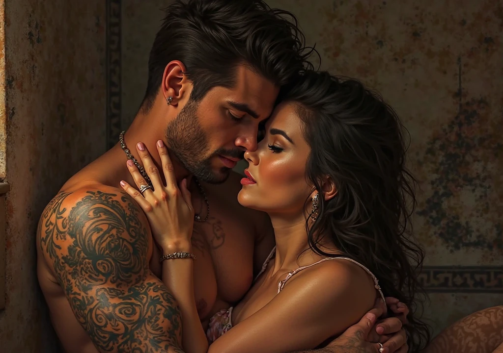 casal em um banheiro, se beijando em uma cabine de chuveiro, garota de cabelos pretos longos, garoto alto, tatuado, cabelos pretos com mancha branca na franja, sao jvens e bonitos