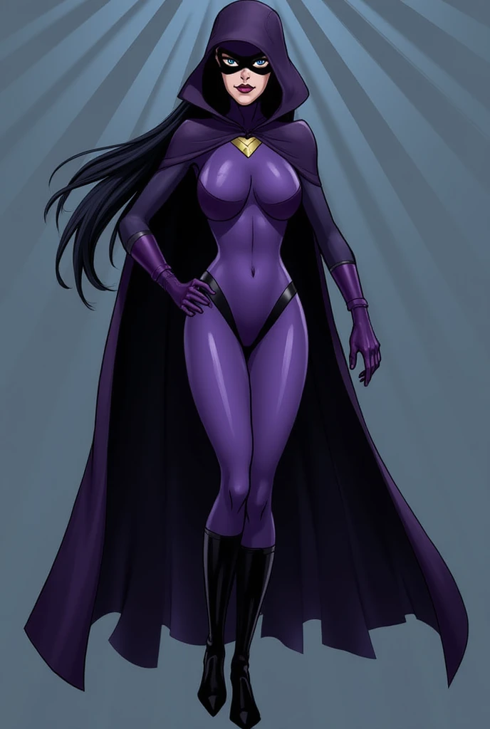 illustration of Raven from DC Comics, 1 girl, Raven, high collar, black leotard, black cape, hooded cloak, cabelo roxo, head jeEmel, purples eyes, shorth hair, belt, stretched skin, standing, neckleace, toned, pose sensual e sexy