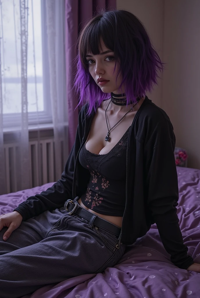 1girl, masterpiece, fishnet leggings, goth, skinny, colorful hair, bedhead, black shirt, sitting, short pigtails, bangs, short hair