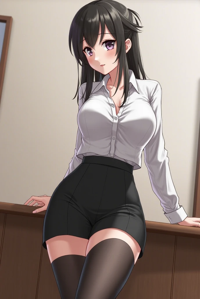 Black hair,eyecontact,Suit,Collared shirt,Belt bag,suspenders,Professional,Office Lady,Mature Women,Black mini skirt　garterbelts　knee high　Stockings　Black Niso　Colorcon armpit sweat　perspiring　Side of both hands,Black jacket,Gaze,ample bosom,Armpit sweat,Exposing the armpits"Pichi Pichi clothes