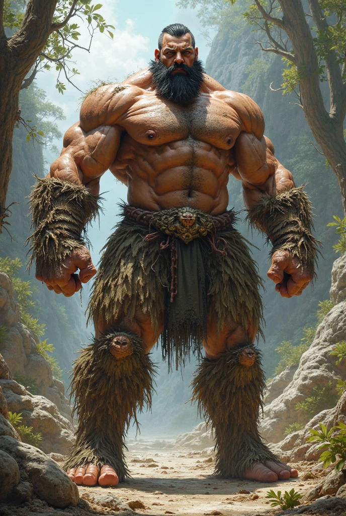 A tall cyclops with body hair wearing only a loin cloth with a bulge under the loin cloth