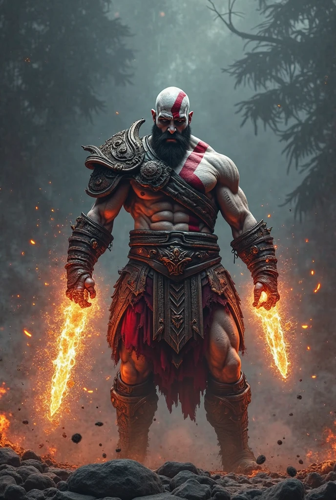 gere uma THUMBNAIL chamativa do game god of war ragnarok , put the angry kratos holding the blades full of fire behind , make it eye-catching