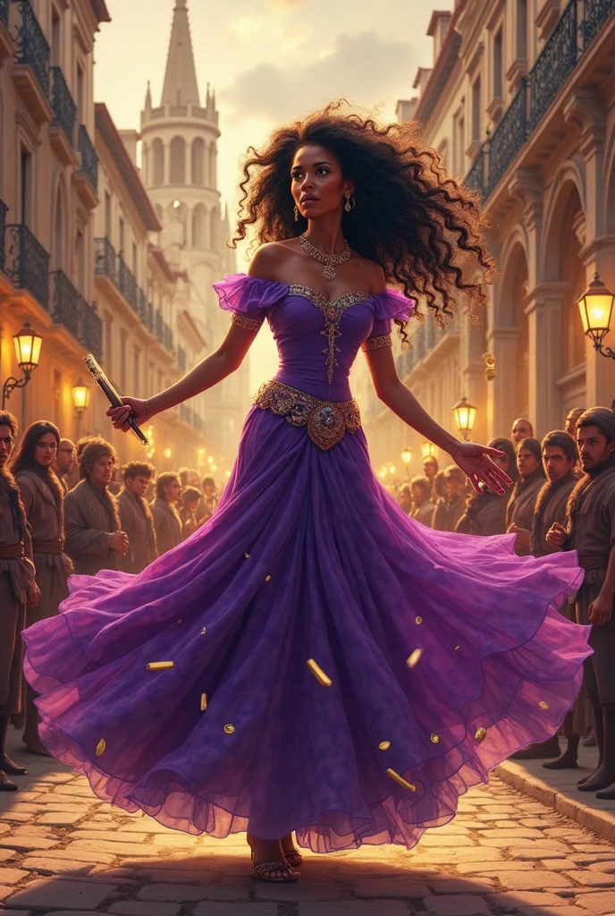 city square, smile,
(((portrait of a gypsy woman extending her hand to the observer with a smile, a gypsy woman extending her hand in front of herself,)))(gypsy dancing,black long Waves hair, black eyes, Fleshy nose, Thin nude Lips, dark makeup,(jewelry), ((tiara)), ((dark violet hood)), wearing intricate violet clothes, shawl, dark skin, mole under eye, gypsy dress, ) stage, a high stage on the street on which a gypsy dances and a music band plays, street, people looking at the stage, tropical street, palm trees, musician with a guitar, musician on drums, graphic style of novel comics, 2d, 8k, hyperrealism, masterpiece, high resolution, best quality, ultra-detailed, super realistic, Hyperrealistic art, high-quality, ultra high res, highest detailed, lot of details, Extremely high-resolution details, incredibly lifelike, colourful, soft cinematic light,