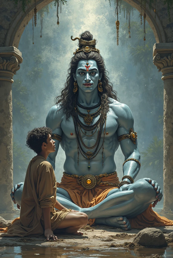 Shiv ji sitting on wooden floor and giving blessings 
