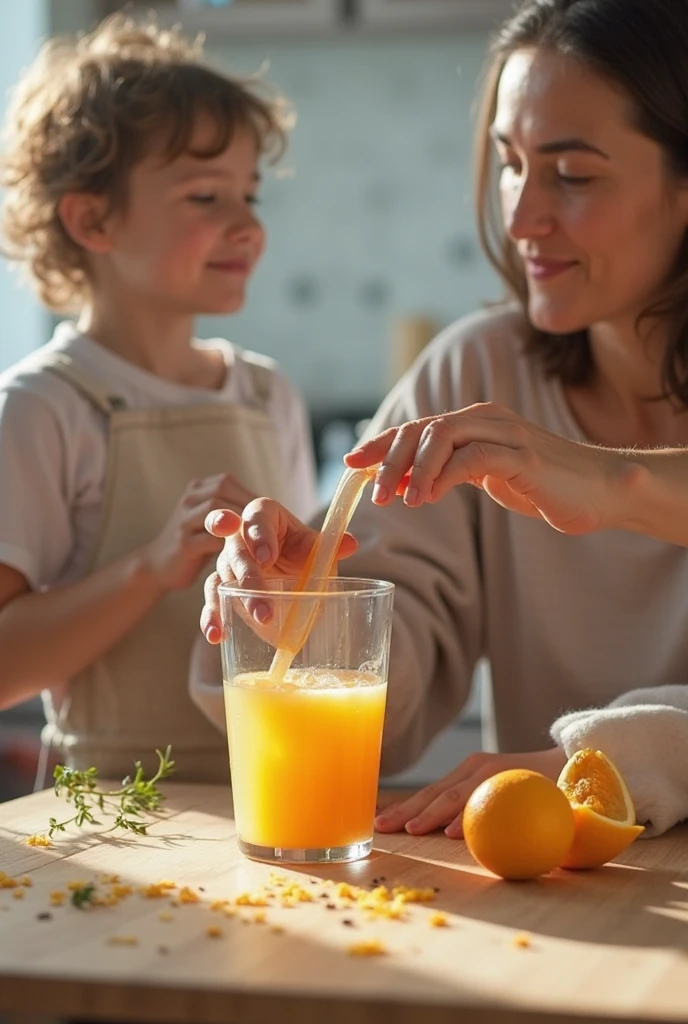Create an image of a family drinking drinking water. The scene must show a family of four (two adults and two kids) in a home environment. Adults should be holding glasses of water and smiling, while children should also be drinking water from glasses. The atmosphere should be bright and cheerful., with a table in the center and details such as a jug of water and fruits on the table. Make sure all characters look happy and healthy.
