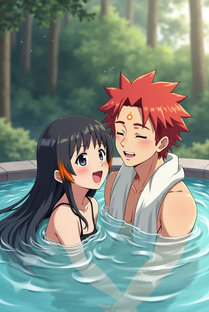 black hair, short hair, brown eyes, hair between eyes, ash ketchum, shirtless misty pokémon, orange hair, green eyes, side ponytail, masterpiece photograph of beautiful 18 year old couple naked, undressing bath towel, they're showing their love and affection for each other, they're caressing, hot sauna, wet bodies