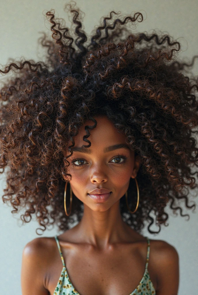 cute hair, chocolate skin, teenager, beautiful face, deep ebony, showing breasts, SFW, African puffy afro