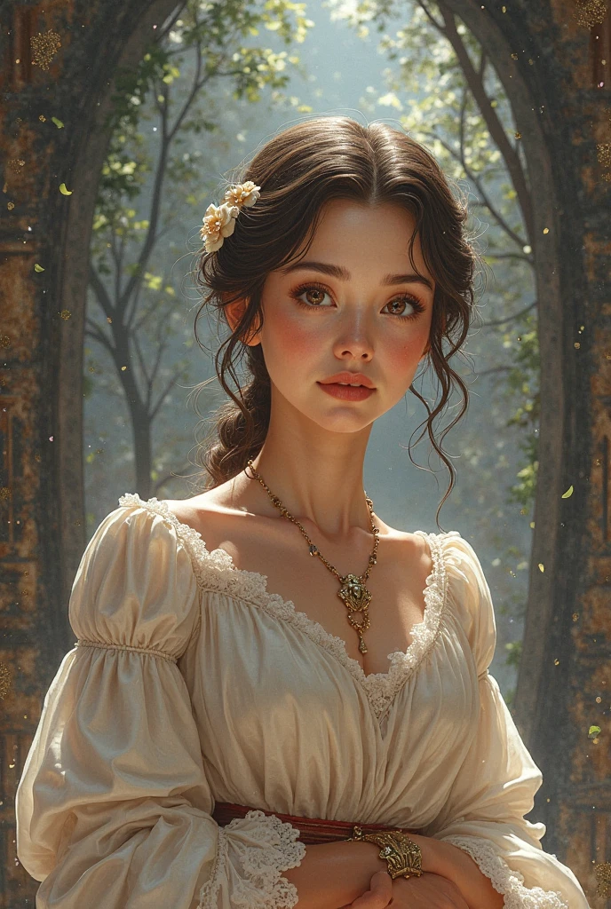 She has long brown hair with soft bangs, hazel eyes, and a serene smile. Dressed modestly with a cross necklace, she stands in a church, her expression peaceful and reflective, embodying her Christian faith.
