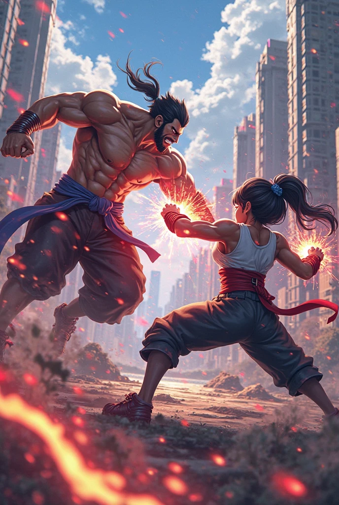 a detailed 3D CGI image of Chun-Li fighting Balrog in a street fighter Niji cartoon style, viewed from behind, with a sword, in a modern anime fantasy setting with eerie and intricate details, atmospheric and elegant, super highly detailed, professional digital painting, artstation, concept art, 8k, art by Artgerm, Eiichiro Oda, and Koyoharu Gotouge