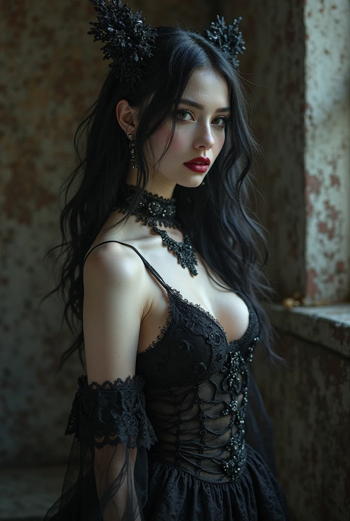 ((Best Quality, masutepiece, 超A high resolution、The most complex and detailed depictions)), 1 beauty、(((Black lips)))、((black makeup))、Evil makeup、Black nails、((Black eyeshadow))、de pele branca、Photorealsitic,Black Dress,Black luxury dress,Dresses with intricate décor in the Gothic style,Intricate decoration of the dress、Black Gothic Dress、Luxurious black dress、is wearing dress、Luxurious dresses、Evil Tiara、Evil Patterns and Artistic Patterns、Evil and artistic tattoos、The most intricate dresses,Most beautiful face,Lying on your back in bed,laying on back,She is lying on the bed with her back turned,Photograph her from directly above,Bedroom at night,darkened room,Very dark room,Luxurious bedroom,Midnight,Romantic lighting,dim room,The faint light of the night light,VIP Bedroom,Luxury Hotel Suite,La Luxury Bed (La Luxury Bed) ,stares at the camera,Moist eyes,Staring at me,((an ecstatic look on one's face,Trance,Sexually pleasurable expressions,sexy facial expression,Enraptured look,a closed mouth)),(Looking at the camera,Top image quality, Top image quality, ​masterpiece, White teeth,stares at the camera,high-definition RAW color photography, professional photograpy, extremely delicate and beautiful, Extremely detailed,finely detail, Huge file size,Top image quality,8K,Photos taken with a single-lens reflex camera)