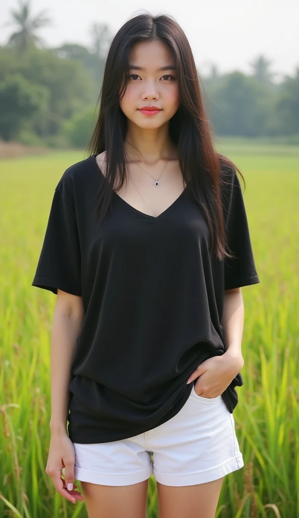 standing in rice field, morning sun, atmospheric perspective, 8k, super detail, accurate, best quality, wearing old black shirt and torn old jeans