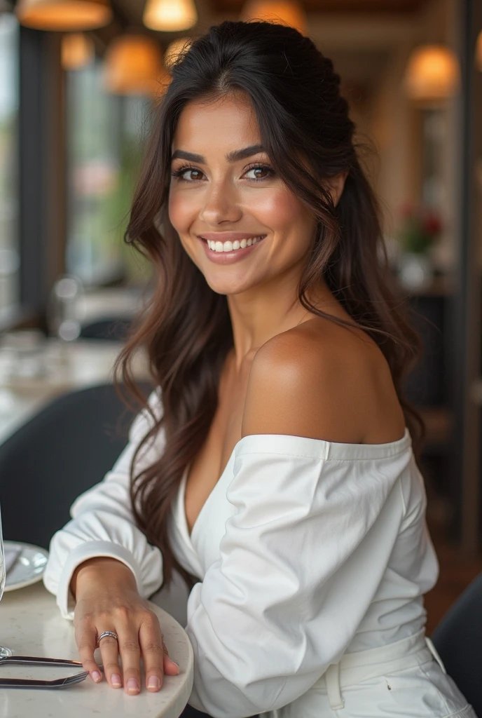 Arafed femme aux longs cheveux noirs, elle mange au restaurant, souriant et tenant un ongle rouge., looks like a christmas fairy tale, Femme cubaine de 30 ans., Julia Sardaigne, Fernanda Suarez, belle et souriante, beau visage latin, A Brazilian model, Marischa Becker, On dirait Laura Barriales, Malika Favre, mélange de la Saint-Valentin, en cours d&#39;performing