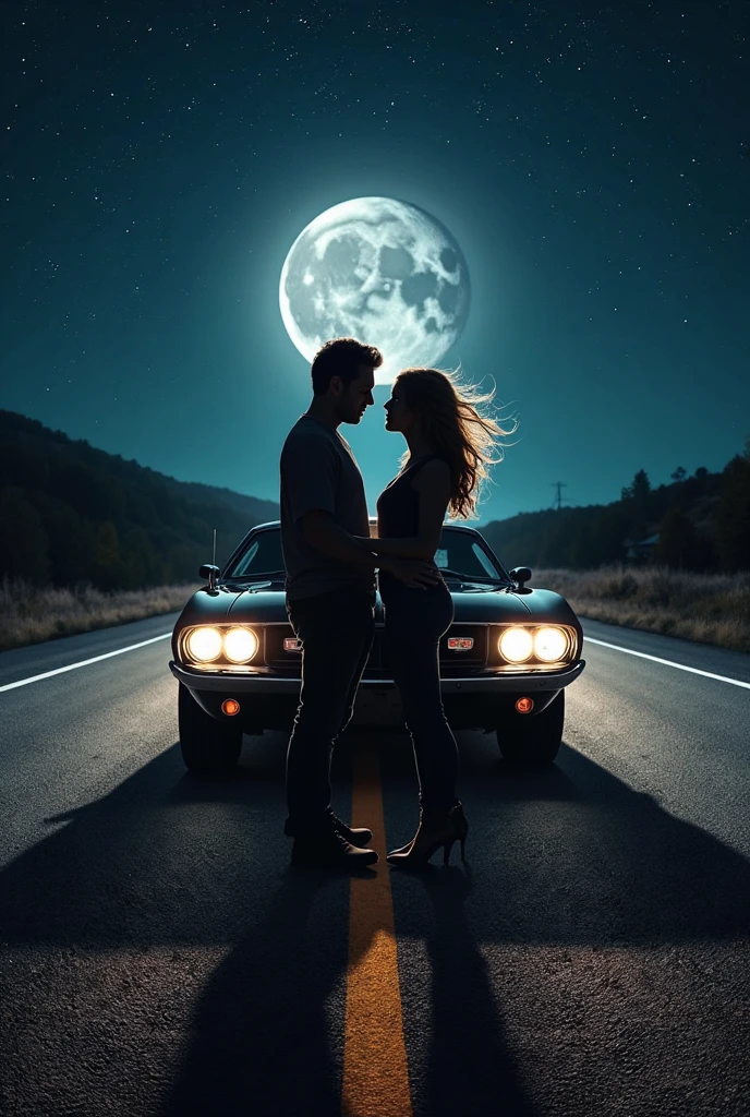 A man sex with hot teen girl on Dodge challenger hellcat front with scary red headlights at alaska
