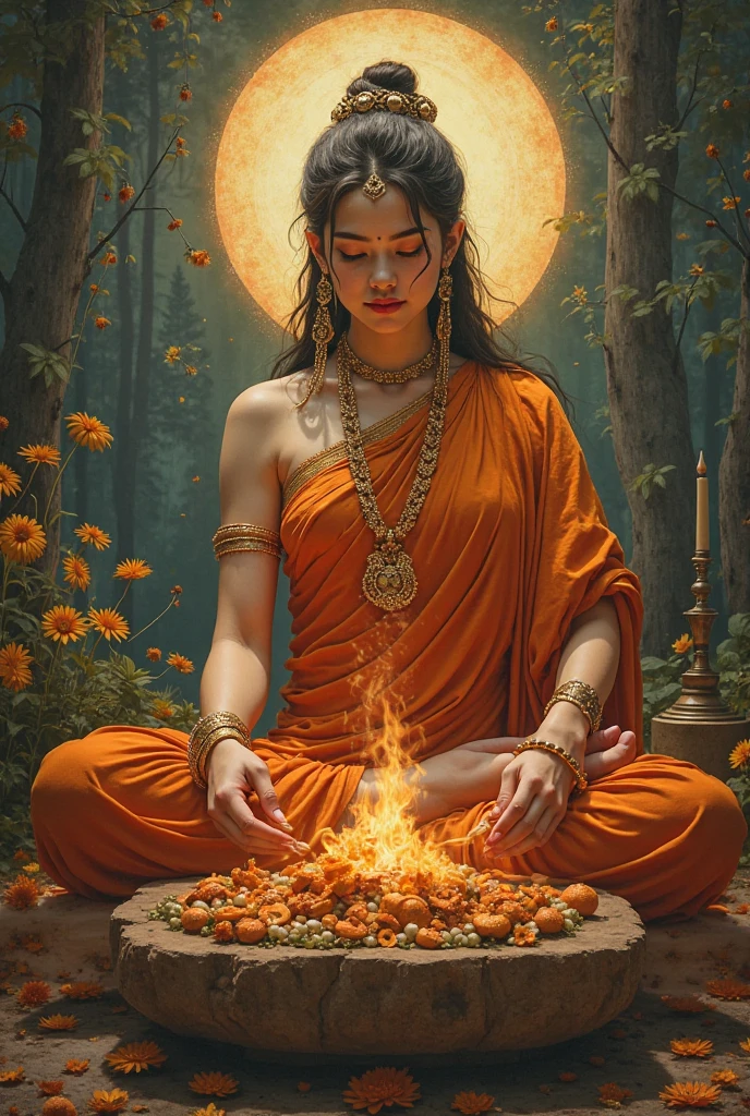 An Indian woman is worshiping Satan in a temple with offerings of incense smoke and very scary Satan
