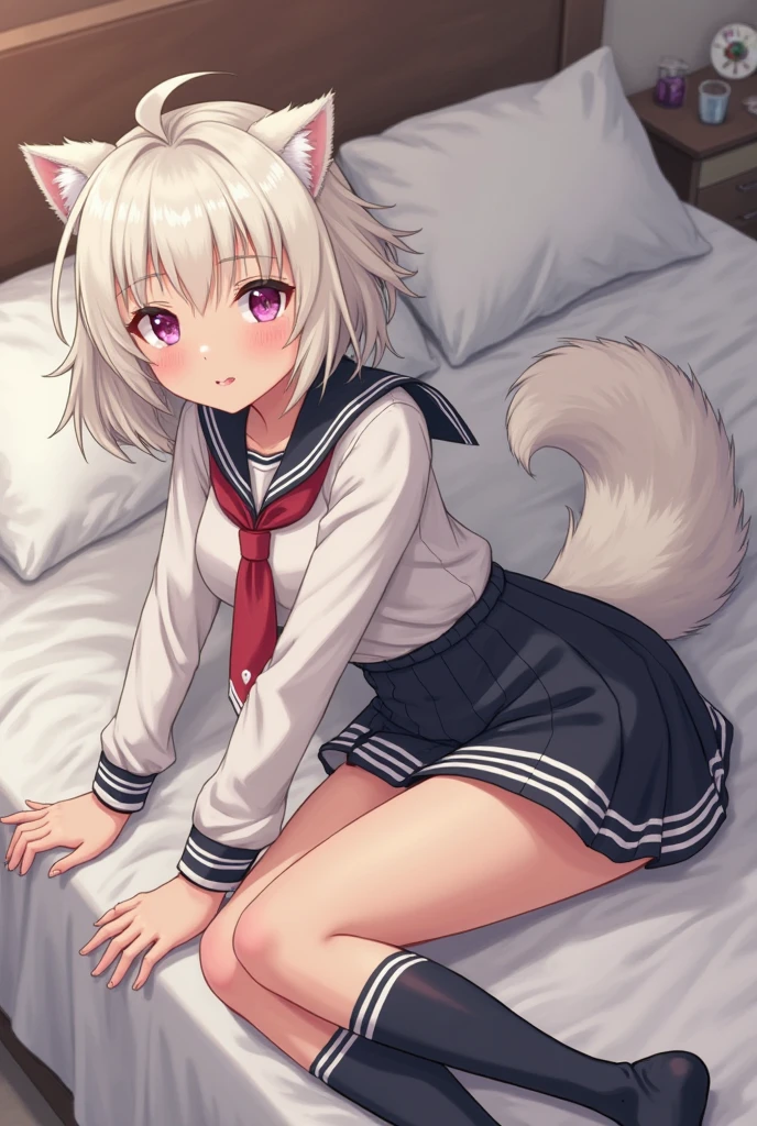 one girl, naive, beautiful white hair, cat ears, cute, spread legs, school blazer, small breasts, on bed, sex, legs, plaid skirt, happily