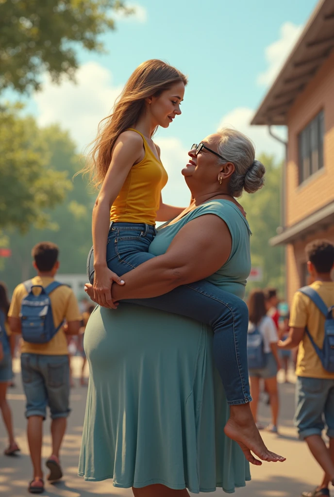 Create an image of a lady, aged 70, gorda, black and old, wearing a white blouse and a black skirt carrying a young adult woman on her shoulder, 27 years old with white skin and long blond hair who is wearing jean shorts and a purple top and is lying face down