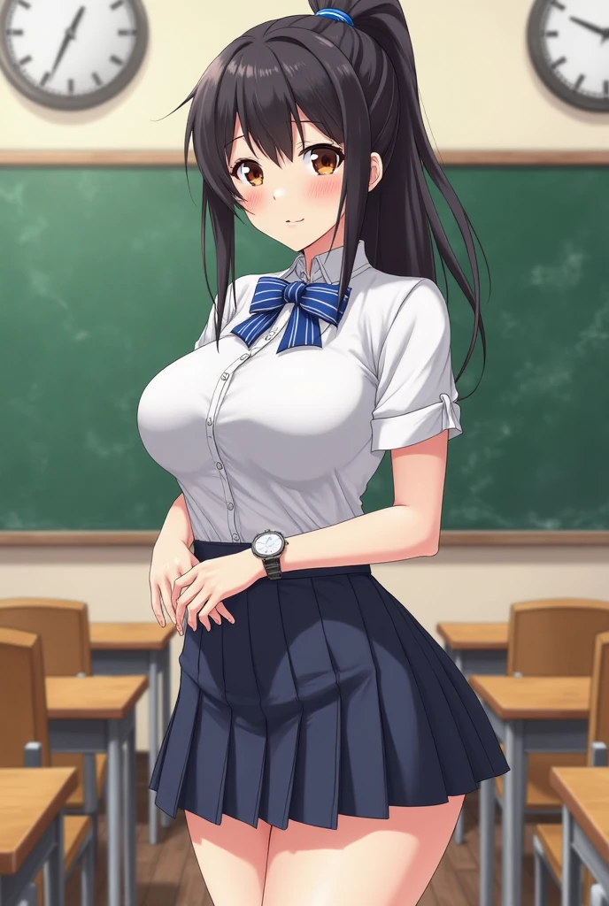sexy girl, huge breasts, large breasts, curvy, black hair (straight bangs), brown eyes, long hair, female , school plaid short skirt, earrings, grinning, standing, classroom, indoor, solo focus, bright day, crowd of students