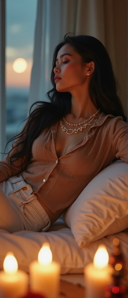 there is a woman that is standing in front of a bed, wearing crop top, croptop, long sleeves, wearing tanktop, necklace, low cut top, gray shirt, wearing in shirt, in tshirt, wearing v - neck top, wearing tight shirt, wearing gold chain, neckline, wearing : tanktop, tight shirt, lovely woman, tight around neck, hot , sexy big boobs .