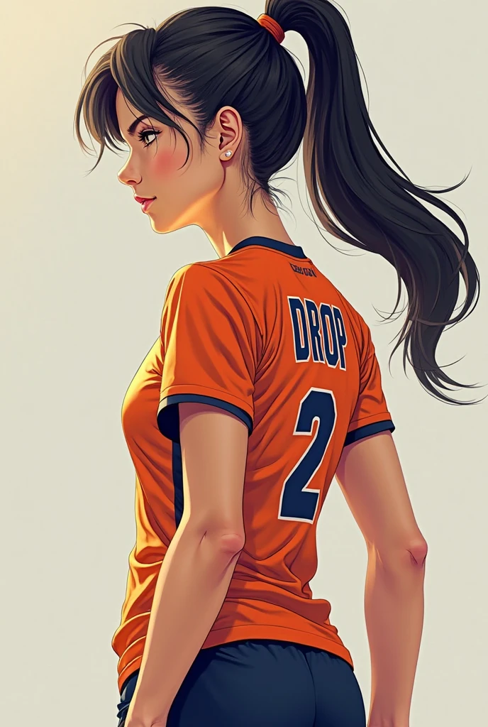 ((best quality)), ((masterpiece)), (detailed), 1girl, orange skin, maroon hair, wet shirt, varsity volleyball player, blank gray background, attack pose, holding volleyball, full body, wearing rubber shoes
