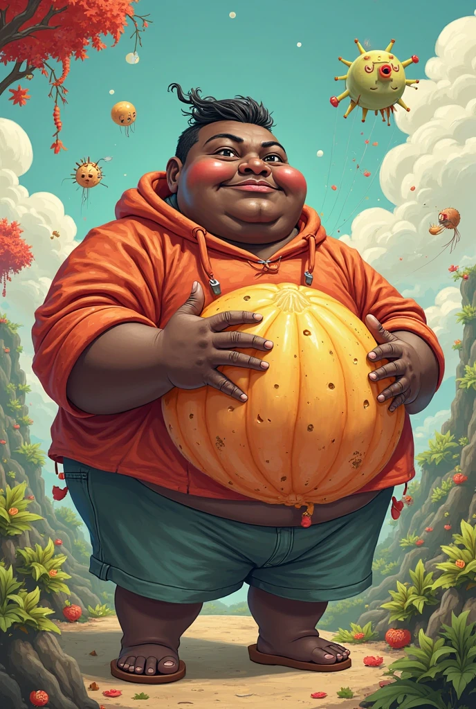 a fat baby boy with a vegetable-shaped monster protecting him under the morning rain