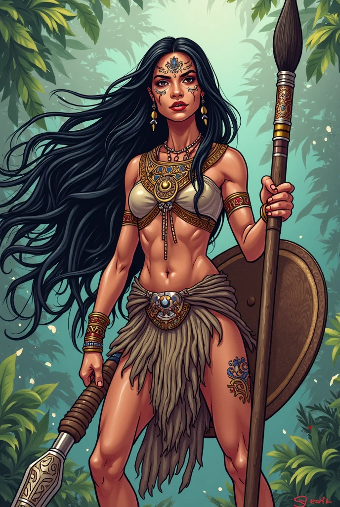 a mature woman, detailed eyes, swollen big breasts, black hair, topless, tits out, big pointy nipples, tribal clothes, ((holding up a wooden spear)), detailed jungle background, comic style