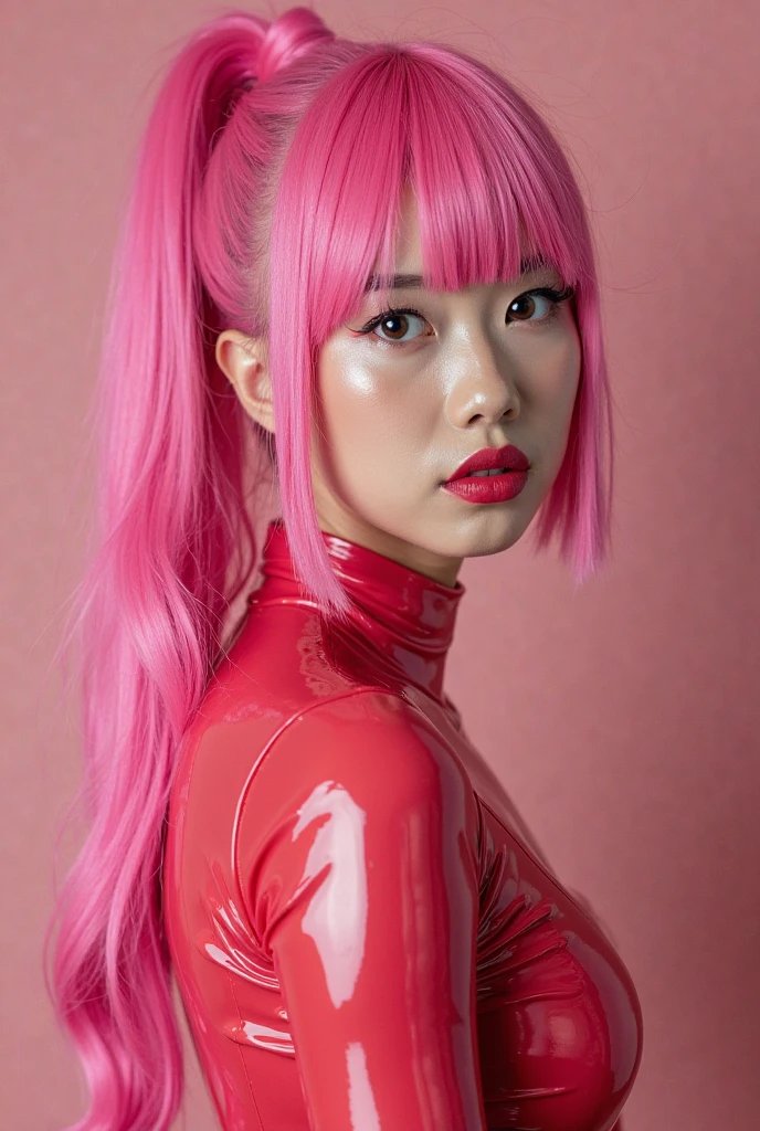 gyaru, dark-skinned, (shiny oiled skin:1.3), pink hair, face close up, from under