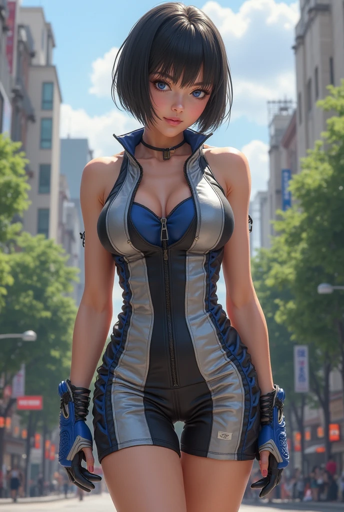 1 Female, Tamaki, short hair, hair between eyes, (detailed eyes:1.3), Rider Suit, cleavage, sport motorcycle, 