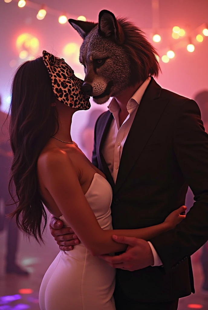 man with wolf mask wearing gangster suit, hugging 1 latina woman, very big breasts, orange lingerie, fox ears in photo studio