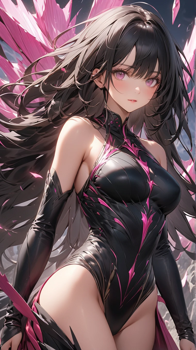 ((Masterpiece)), best quality, absurderes, ultra detailed, holographic, cowboy shot, golden ratio, super cute girl, mature girl, idol girl, super beautiful asian girl with very beautiful violet glowing eyes, beautiful glowing brown multicolored hair, high ponytail, nice and sexy body, slim body, perfect body, wearing a super tight anime printed leotard, an anime printed super tight off shoulder long sleeve crop top, a super aesthetic transparent mini jacket, beautiful hair ornament, pink jordan tennis,
