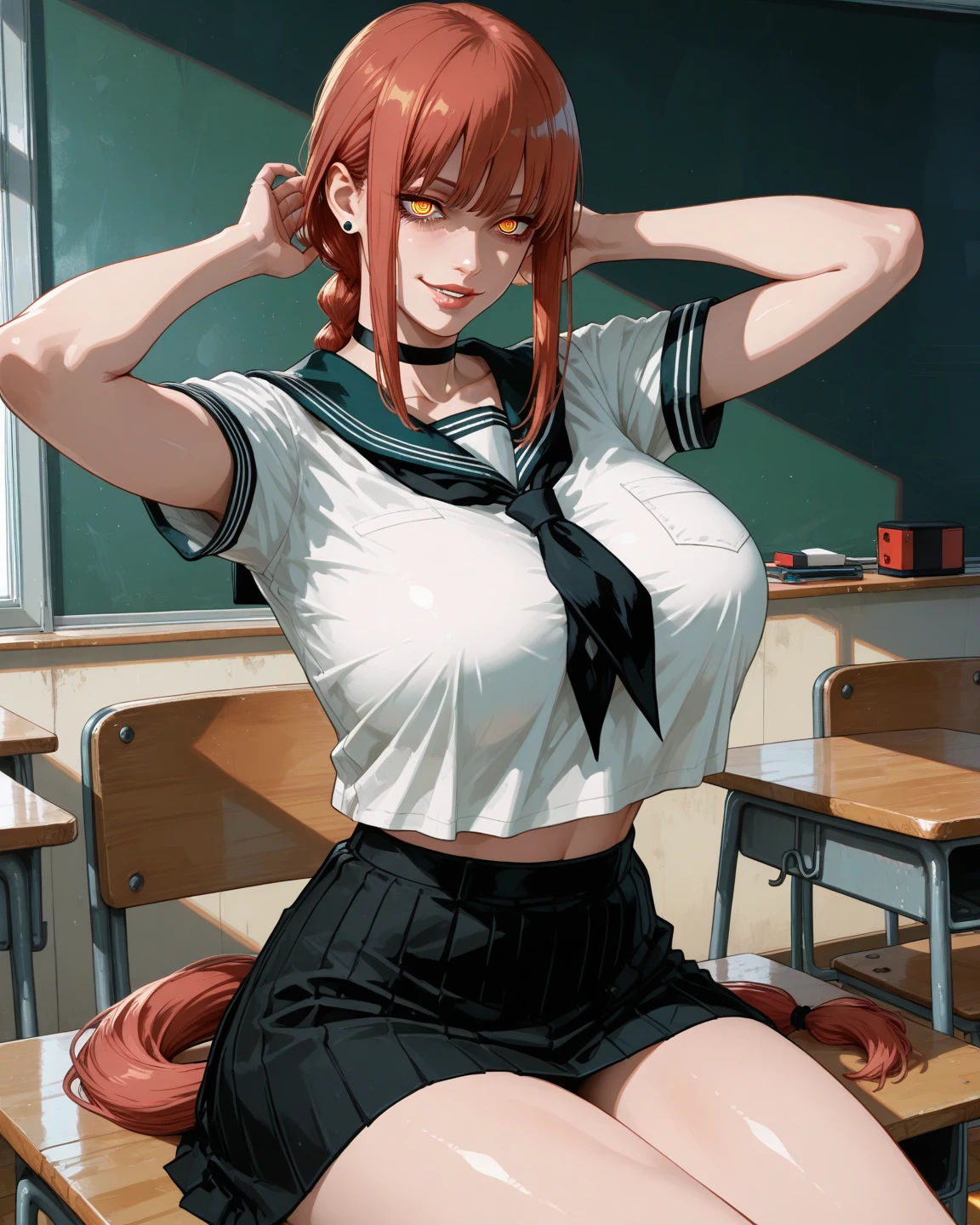 1girl,solo,school uniforms,miniskirt,classroom,red hair,yellow eyes,breastst,no bra,standing,wide hips,curvy,earring ,open shirt,lipstick ,makeup,abs,muscles