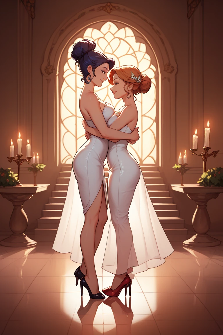 MeridaXLP, ((long hair, orange hair, wavy hair, glowing blue eyes, wide eyes, lipstick, makeup, narrow waist, skinny, medium breasts, alone, gloves)), pelvic curtain, ((green dress, wedding dress, Scooped up the ass, gloves, tiara)), full body, perfect body, (insanely detailed, beautiful detailed face, masterpiece, best quality) , (((solo))), (((1girl))), (((mature))), (extremely detailed 8k paper CG wall unit: 1.1), (wedding, Gala Hall, dusk), (smile face for the viewer), big ass, from back, behind, View from above, Diagonal view