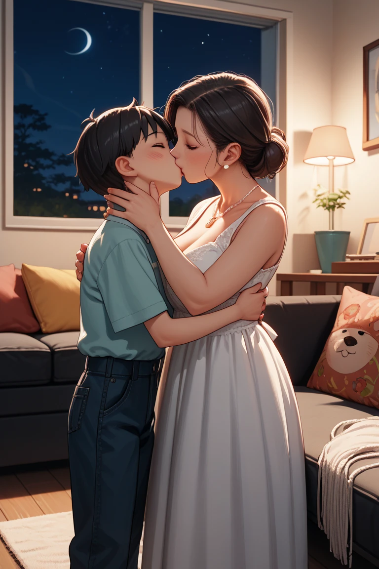 NSFW, score_9, score_8_above, score_7_above, fountain_cheered up, 1 chico, 1 girl, mature woman, mother and son, child, hug, kiss, hand on head, down on my knees,