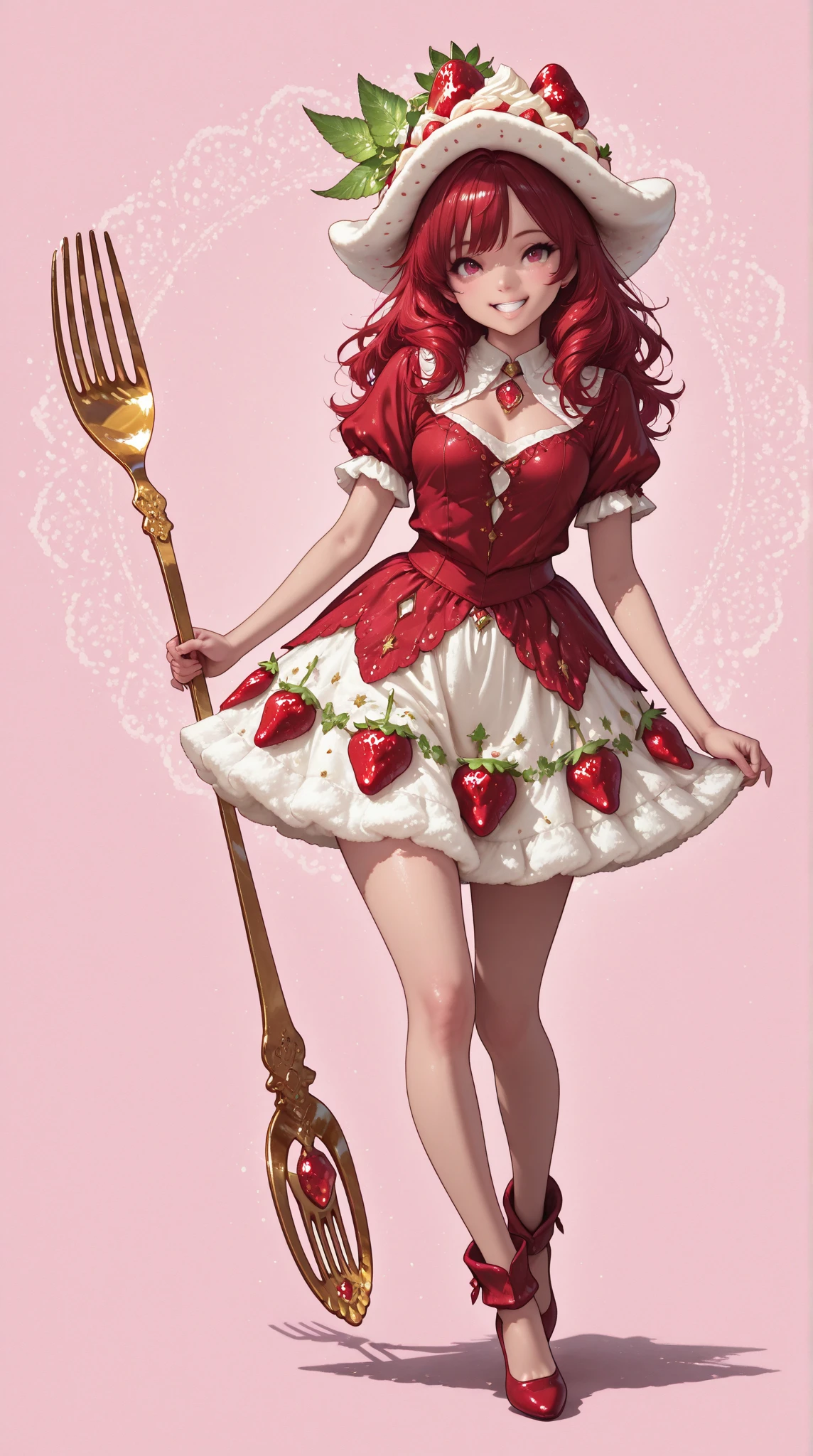 Super realistic high quality,high definition,4K,8K,Superb Details,Photographic Realism,Portrait,fantasy,Beautiful girl,Transform into Strawberry Shortcake,Full Body Shot,Smile,Happy Expression,Strawberry Leaf-like Hat、red hair、White Fluffy Skirt,Millefeuille White and Red Dress、Exquisite light and shadow,Soft Texture,dreamy background,Magical World,Fine texture, colorful development ,Deep ,she is having a big fork,pale pink background 