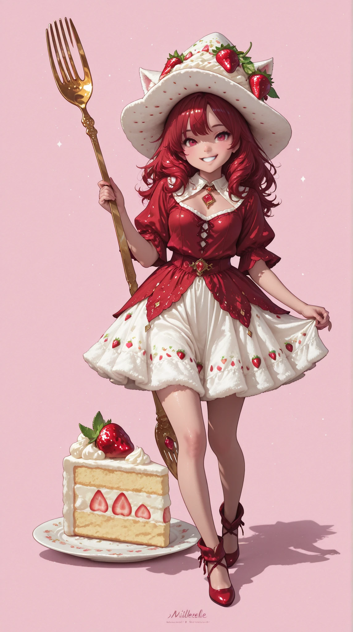 Super realistic high quality,high definition,4K,8K,Superb Details,Photographic Realism,Portrait,fantasy,Beautiful girl,Transform into Strawberry Shortcake,Full Body Shot,Smile,Happy Expression,Strawberry Leaf-like Hat、red hair、White Fluffy Skirt,Millefeuille White and Red Dress、Exquisite light and shadow,Soft Texture,dreamy background,Magical World,Fine texture, colorful development ,Deep ,she is having a big fork,pale pink background 
