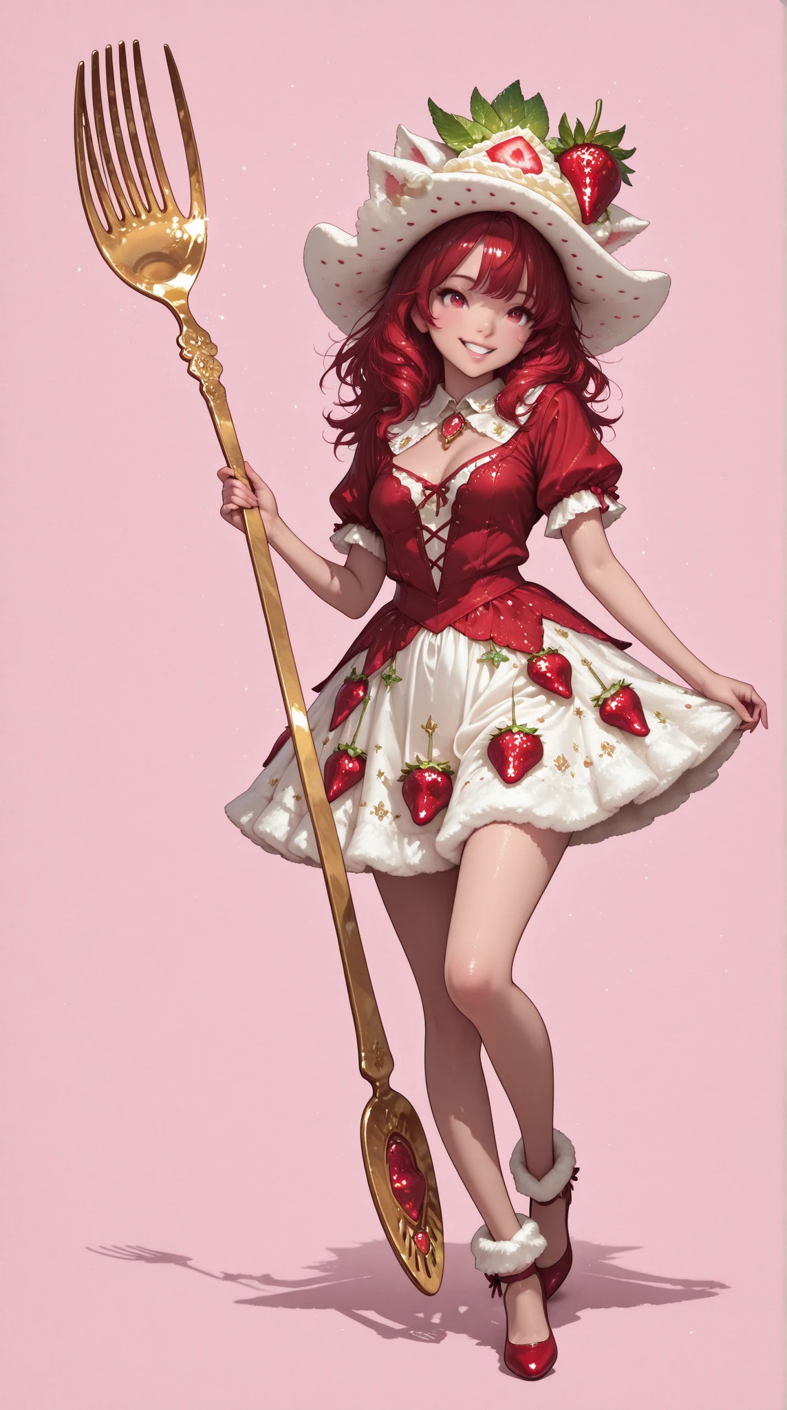 Super realistic high quality,high definition,4K,8K,Superb Details,Photographic Realism,Portrait,fantasy,Beautiful girl,Transform into Strawberry Shortcake,Full Body Shot,Smile,Happy Expression,Strawberry Leaf-like Hat、red hair、White Fluffy Skirt,Millefeuille White and Red Dress、Exquisite light and shadow,Soft Texture,dreamy background,Magical World,Fine texture, colorful development ,Deep ,she is having a big fork,pale pink background 