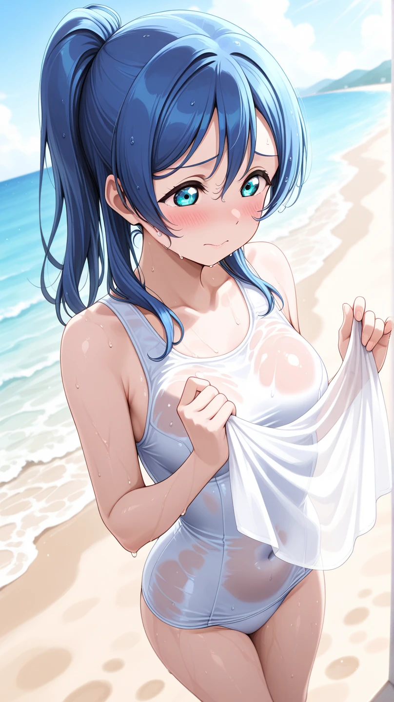 (NSFW:1.5), (8K, Raw photography, Top image quality, ​masterpiece: 1.4), The ultra -The high-definition, (realisitic, Photorealsitic: 1.48), 1girl in, Solo Focus, type moon style, Kyoto Animation Style, short-length hair, (blue hairs:1.7), Blunt bangs, hair between eye, Clear eyes, side locks, White hair, Shiny hair, beautiful detailed cold face, Seductive smile, angry, complex details beautiful and delicate eyes, Bare_shoulders, Small_breasts, Gray eyes, White skin, Hair Ornament, (((T-shirt))), swim ring, Swimsuit, beautiful bare back, Sandals, Skindentation, 鎖骨, Bare_Legs, Beach, Beautiful detailed sky, White sand, tree, very precise details, absurderes, Extremely detailed, 16k wallpaper,remrezero,