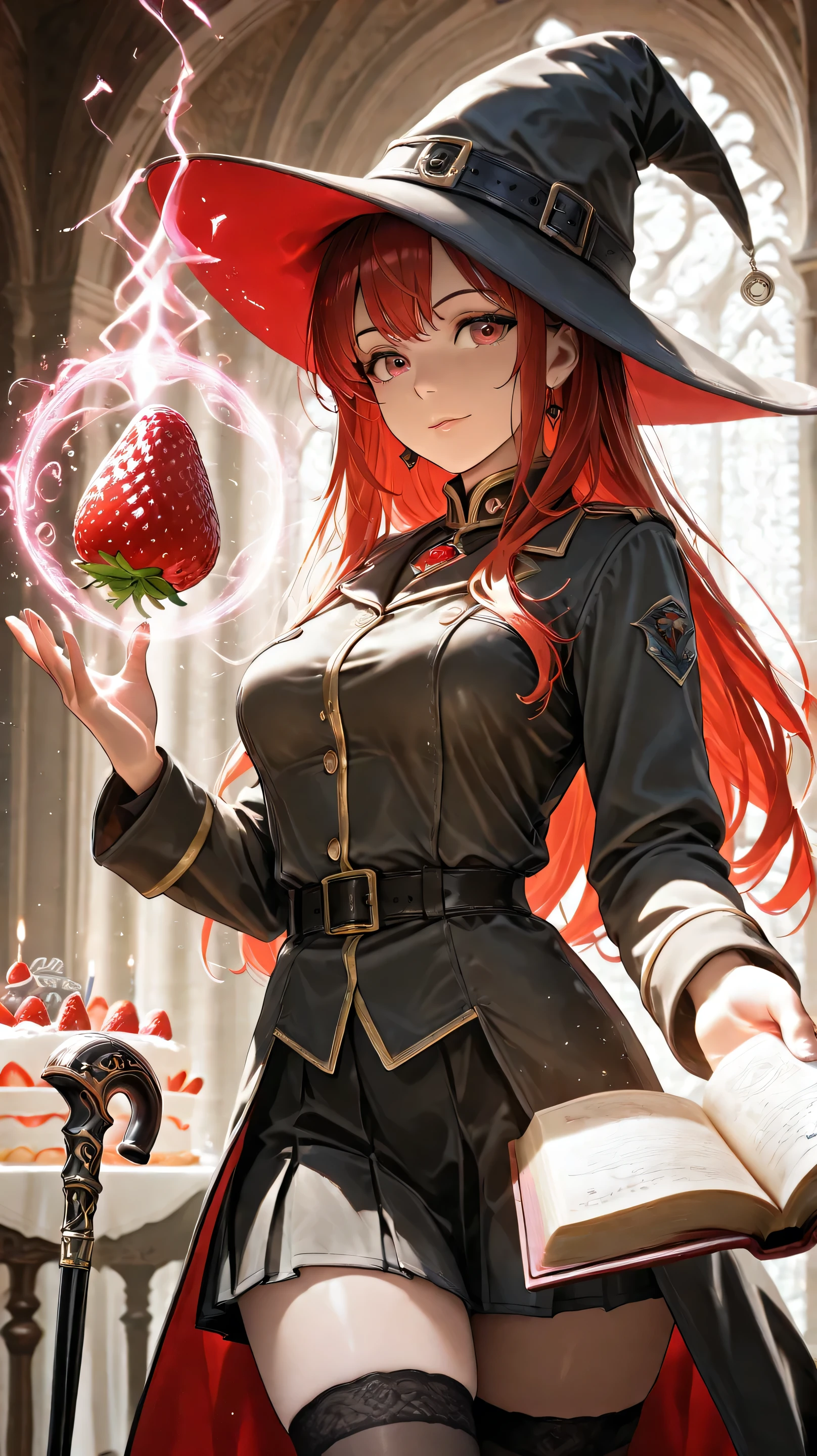 anatomically accurate, Beautiful Face, perfect face, 非常に精巧でBeautiful Faceと目, attractive face, detailed faces with ofisu, delicate face, detailed depiction of skin, top quality, very detailed,fruit, wizard, Medium Breasts, strawberry, Cane, Spell Book, Chant, fantasy, strawberry, tarts, cake, Magic Rim, zettai ryouiki,(dancing:0.5),good_hands, ral-fruitsalad, 4K, 8k, HDR, Physics-based Rendering,Extremely Detailed Explanation,
dramatic lighting, cinematic atmosphere in military uniform