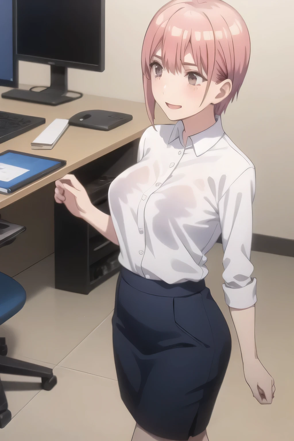 Let's draw a more delicate expression,A woman with a lovely smile,Woman with pink short hair,can you draw an office lady's uniform,white blouse,Navy Blue Mini Skirt,high heels,can you Let's draw a more delicate expression, adult sexy women ,only,,Full color CG,,In my office,,accurate hand and foot expressions,my nipples are sharp、、Full color CGで顔は絶対に必要です,dark blue pleated skirt,I have can you Let's draw a more delicate expression描いてください,Walking Alone, , ,(I definitely need that face。I have can you Let's draw a more delicate expression,(even one person is enough for that job , can you draw an attractive 30-year-old woman, , Big breasts, thin waist , , ,巨大な胸を持つBig breastsを描いていただけますか,You get sharp nipples when wet,