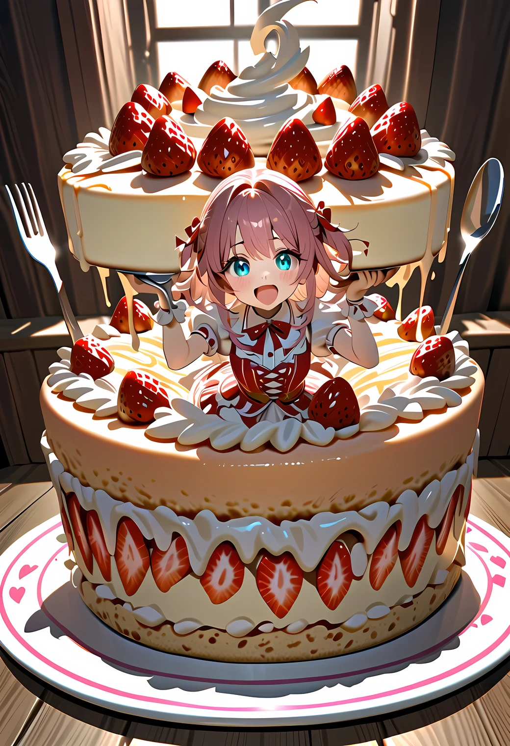 Idol strawberry shortcake motif costume decoration A huge shortcake breaks and she comes out from inside holding a huge fork and spoon