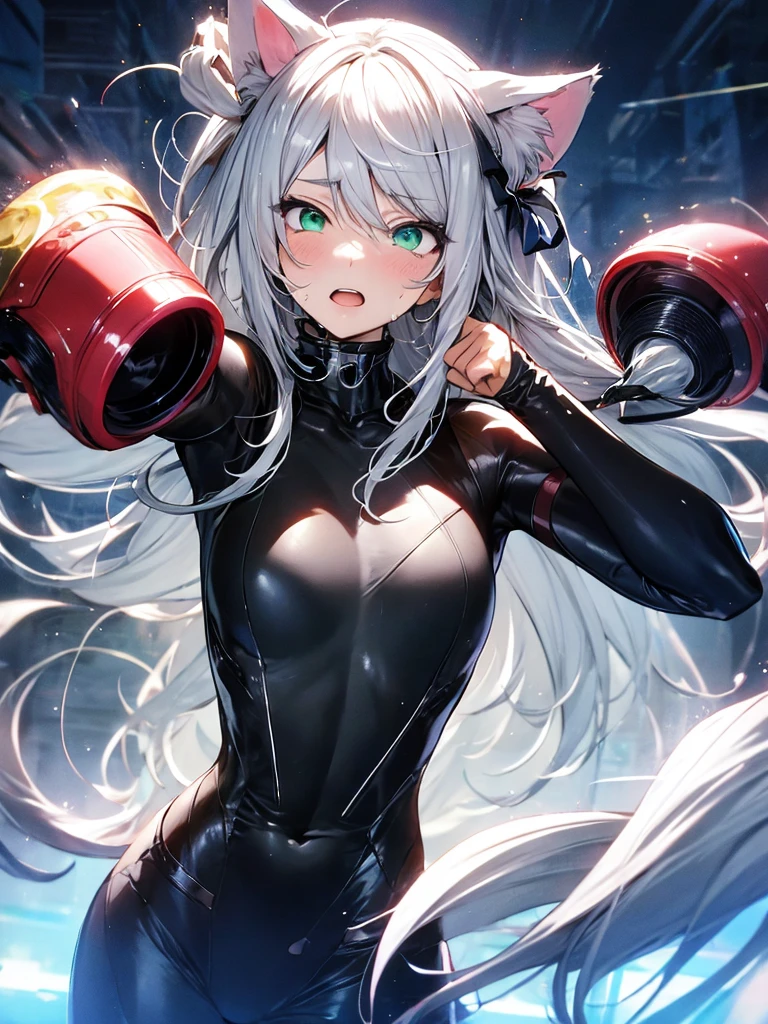 Be realistic,(masterpiece,Highest quality,Highest quality,Very detailed,Fractal Art,Most detailed,(Abstract background:1.5)(1 Girl),Kamimei,(Orange ponytail),(orange eyes light、Big Breasts、Toned Abs,Stunned),Abyss Stick、crystallization、Black competitive swimsuit,leotard、Sexy、Orange Machine Armor、Sunburned skin、Demon Horn、Berserk、mini skirt、