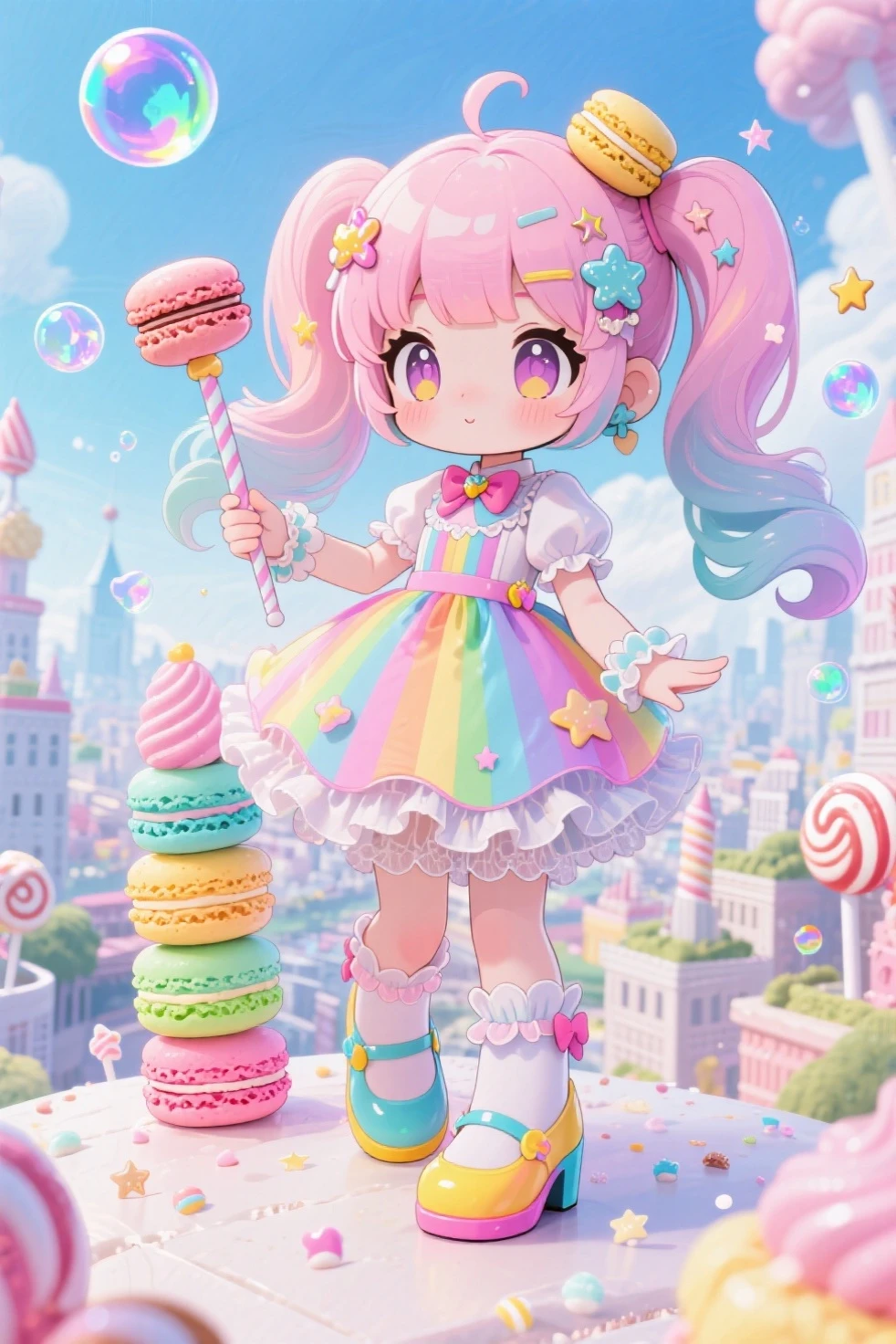 top quality、anime style、masterpiece、deformed chibi character style、pop magical girl with the image of colorful macarons、Pastel Twin Tails、rainbow macaron colored frill dress、the hair ornament is a mini macaron、the cane is a macaron tower shape、The shoes are colored、The background is an aerial city made of sweets、The magical effects are iridescent bubbles and sugar stars、cute