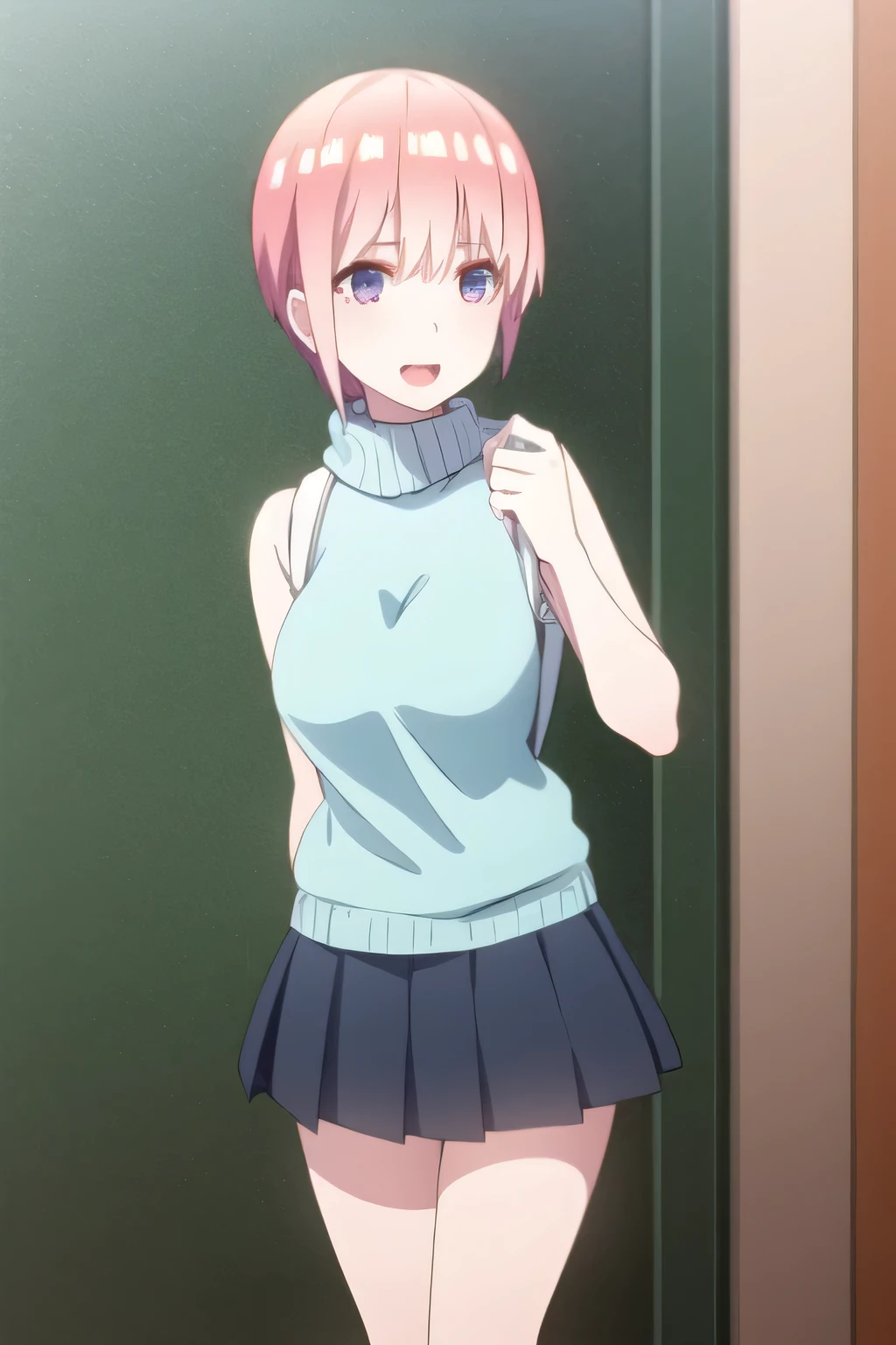 One girl、Standing on a wooden stage、Light blue bra、Wearing a dark blue pleated skirt、Dark pink hair、Feeling embarrassed、blue eyes、looking at the camera、Bob Hair