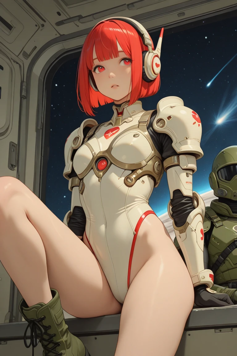(Masterpiece, Best Quality, Highest Resolution, distinct_image): (Solo, full body figure, small breasts, pilot suit in red and white color, tight fit clothes, clothes covering the whole body, beauty, vivacious, lovely, slim body, exoskeleton, gundam pilot) Alisa Selezneva