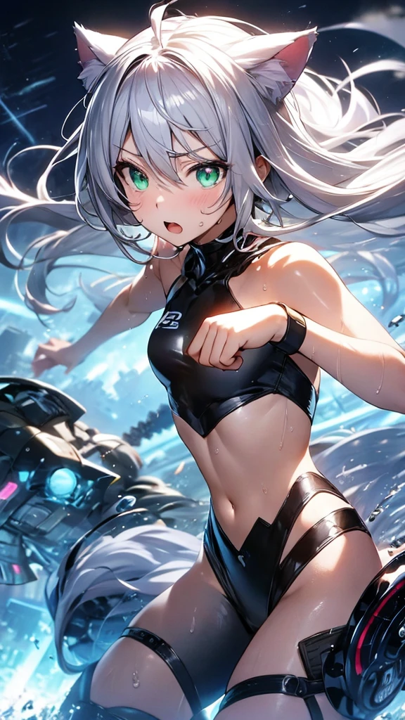 Swimming 1, Destiny Archetypes, Wow!, Bare shoulders, blue nullnull, vague, vague background, Split, null, Depth of written boundary, Gray Hair, Hair between the eyes, Hair Intake, Please raise your hand, Medium chest, belly button, outdoor activities, nullnull