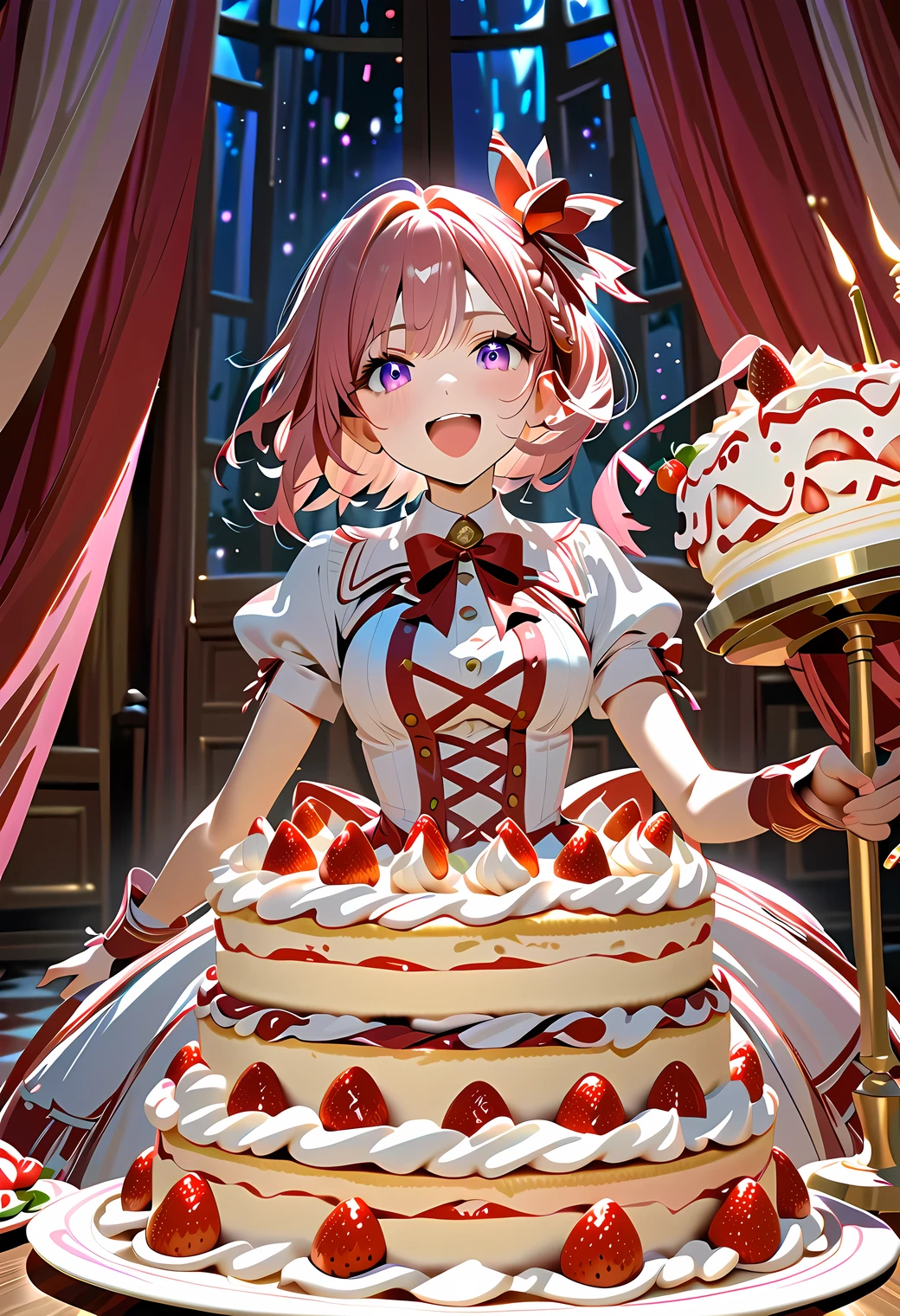 Idol Costumes and decorations with strawberry shortcake motifs A huge shortcake breaks and she comes out from inside