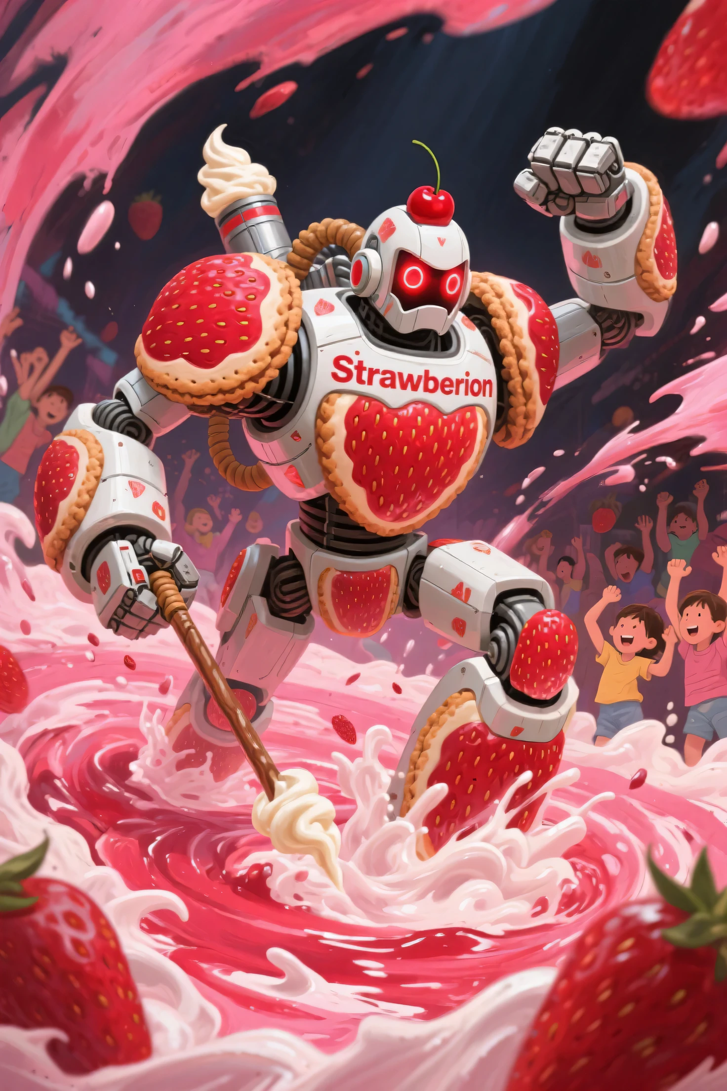 acrylic painting style, dynamic action scene, giant robot “Strawberion” emerging heroically from a swirling vortex of whipped cream and strawberry sauce, armor shaped like strawberry slices and biscuit layers,  cane joints, whipped cream jetpack, eyes glowing with cherry red light, fists clenched and posed heroically, dramatic splashes of paint simulating motion, children cheering in the background, vivid pink and red tones, bold brushstrokes, textured paint on canvas, intense lighting, heroic atmosphere, illustration