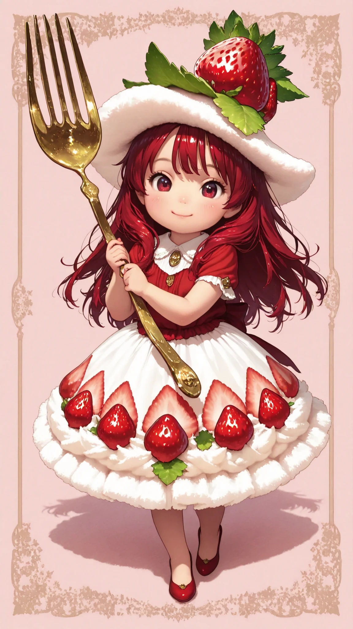 Super realistic high quality,high definition,4K,8K,Superb Details,Photographic Realism,Portrait,fantasy,Beautiful girl,Transform into Strawberry Shortcake,Full Body Shot,Smile,Happy Expression,Strawberry Leaf-like Hat、red hair、White Fluffy Skirt,Millefeuille White and Red Dress、Exquisite light and shadow,Soft Texture,dreamy background,Magical World,Fine texture, colorful development ,Deep ,she is having a big fork, the big fork is Ornately decorated gold fork ,pale pink background