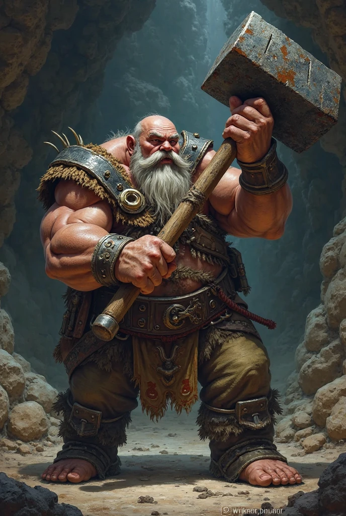 Um homem branco curto do tamanho de um devum hobbit, em breve, usa um capacete feito de ossos, barbado, pele branca, musculoso, in his hand a hammer larger than his whole body, uma batalha medieval bárbaro de pequena estatura anão feio Homem GRANDE MARTELO OLHOS NEGROS ASPECTO HOBBIT NÃO BONITO É BÁRBARO DE SKYRIM HOBBIT white head bald black eyes beard big gray muscular small build face reference Mike from Breaking Bad holding an iron ax bigger than his entire body environment around teeming chaos dwarf barbarian small absurdly small but ferocious miniature CONAN this strong white man is full of bones classical medieval look HANDS FULL OF BONES SPIKED SKYRIM AESTHETICS