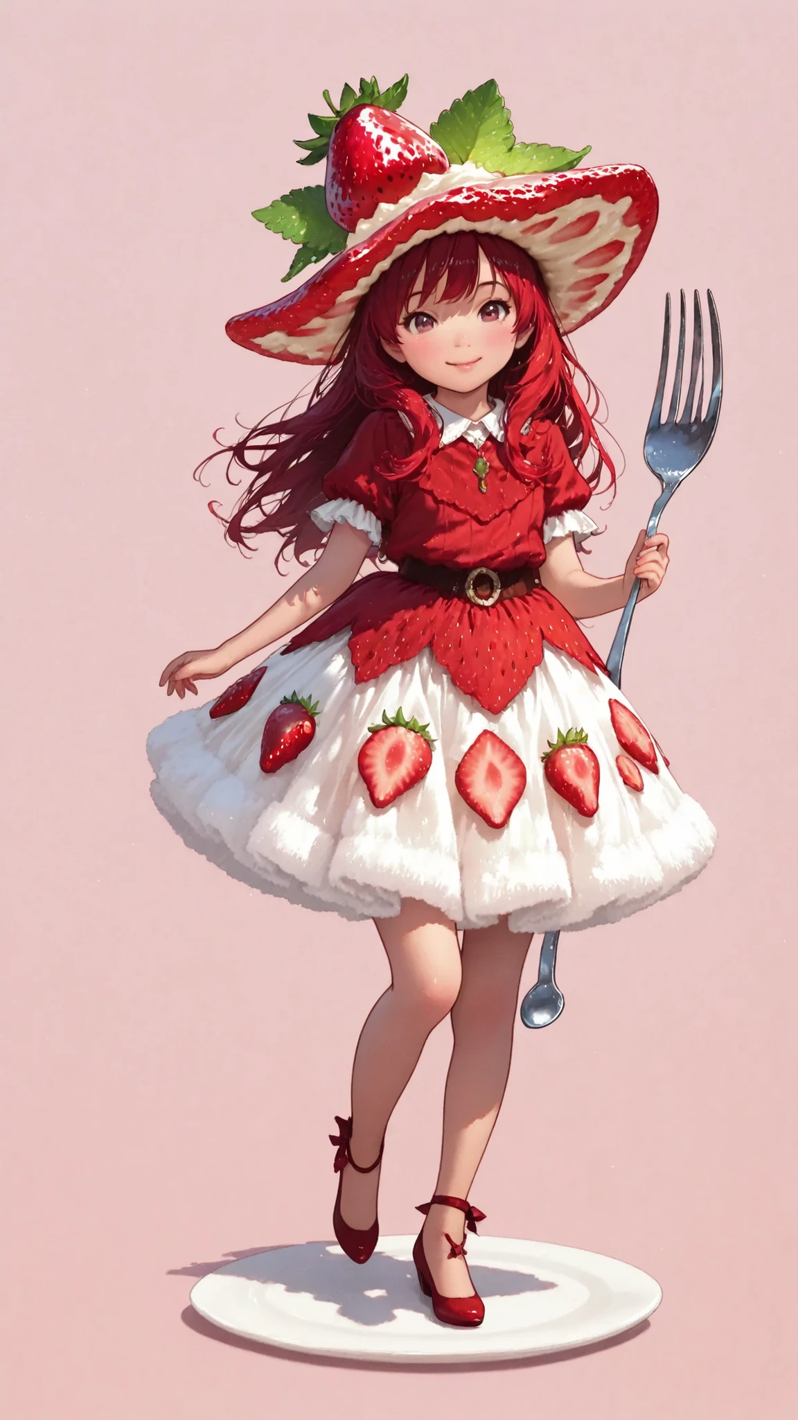 Super realistic high quality,high definition,4K,8K,Superb Details,Photographic Realism,Portrait,fantasy,Beautiful girl,Transform into Strawberry Shortcake,Full Body Shot,Smile,Happy Expression,Strawberry Leaf-like Hat、red hair、White Fluffy Skirt,Millefeuille White and Red Dress、Exquisite light and shadow,Soft Texture,dreamy background,Magical World,Fine texture, colorful development ,Deep ,she is having a big fork,pale pink background